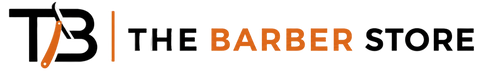 Logo of The Barber Store with a stylized orange razor blade on a black background