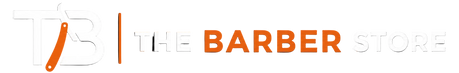 Logo of The Barber Store with a black background